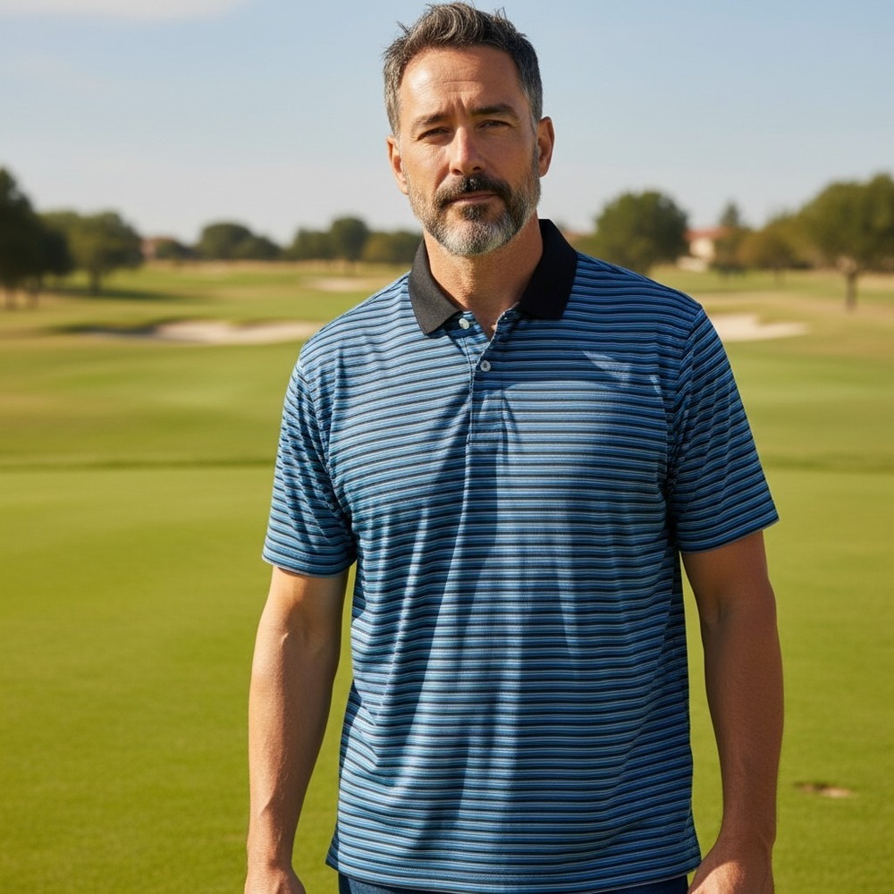 PGA Tour Mens Blue Striped Short Sleeve Golf Polo Shirt Large L/G Performance